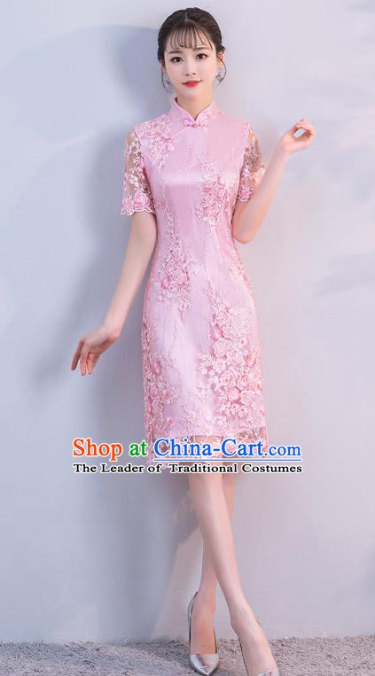 Chinese Traditional Pink Embroidered Mandarin Qipao Dress National Costume Short Cheongsam for Women