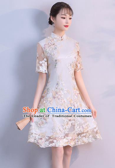 Chinese Traditional Embroidered Mandarin Qipao Dress National Costume Short Cheongsam for Women