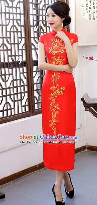 Chinese Traditional Chrysanthemum Pattern Mandarin Qipao Dress National Costume Red Cheongsam for Women