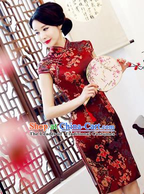 Chinese Traditional Mandarin Qipao Dress National Costume Printing Purplish Red Cheongsam for Women