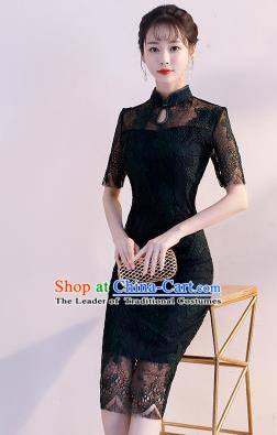Chinese Traditional Black Lace Mandarin Qipao Dress National Costume Wedding Short Cheongsam for Women
