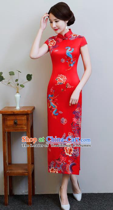 Chinese Traditional Red Silk Mandarin Qipao Dress National Costume Tang Suit Wedding Long Cheongsam for Women