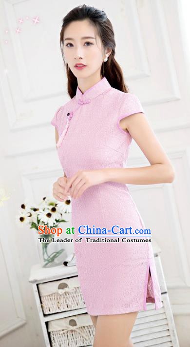 Chinese Traditional Tang Suit Pink Short Qipao Dress National Costume Mandarin Cheongsam for Women
