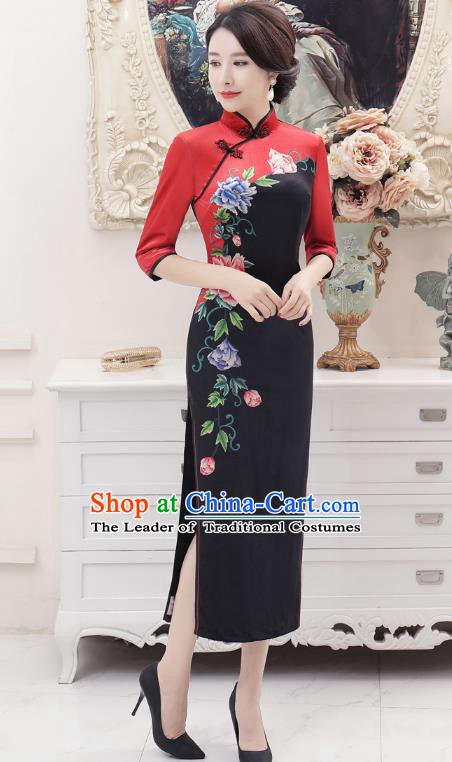 Chinese Traditional Tang Suit Qipao Dress National Costume Retro Printing Peony Mandarin Cheongsam for Women