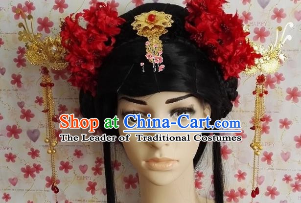 Traditional Chinese Ancient Princess Hair Accessories Red Flowers Hairpins Complete Set for Women