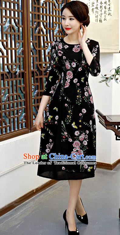 Chinese Traditional Tang Suit Black Qipao Dress National Costume Chiffon Mandarin Cheongsam for Women