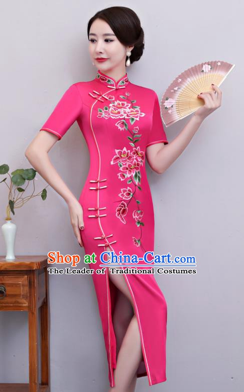 Chinese Traditional Tang Suit Embroidered Rosy Qipao Dress National Costume Mandarin Cheongsam for Women
