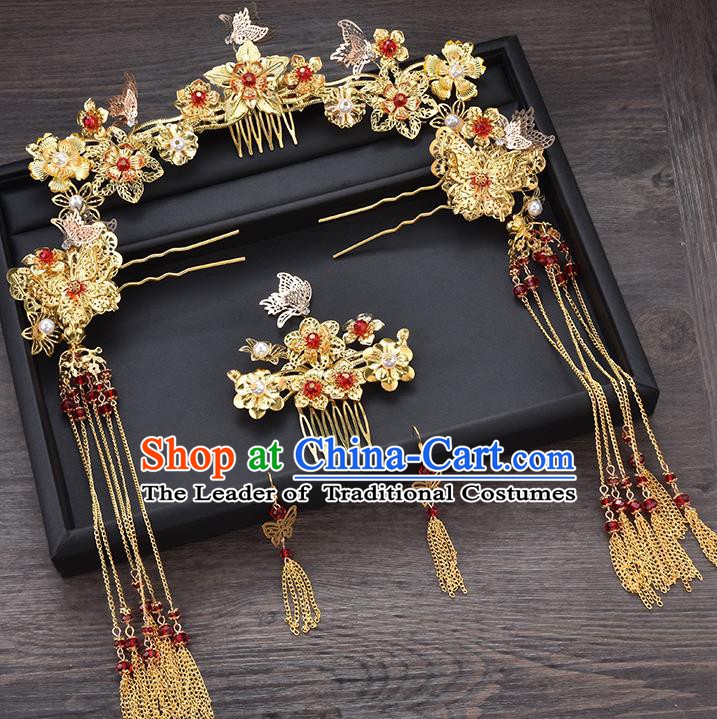 Traditional Chinese Ancient Bride Hair Accessories Xiuhe Suit Golden Flowers Tassel Step Shake Hairpins Complete Set for Women