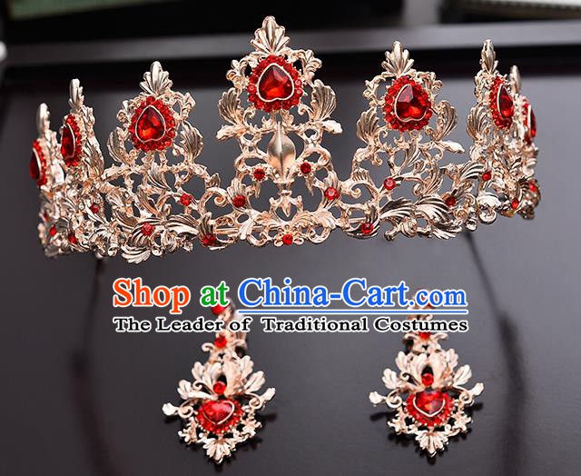 Handmade Bride Wedding Hair Accessories Red Crystal Royal Crown and Earrings for Women