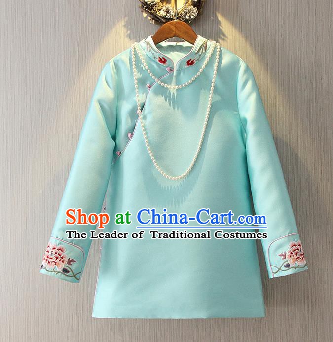 Chinese Traditional National Cheongsam Blue Blouse Tangsuit Stand Collar Embroidered Shirts for Women