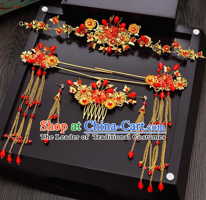 Traditional Chinese Ancient Bride Hair Accessories Xiuhe Suit Hairpins Tassel Step Shake Complete Set for Women
