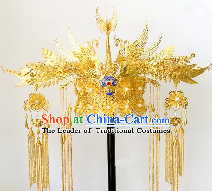Traditional Chinese Ancient Wedding Hair Accessories Hairpins Tassel Golden Phoenix Coronet for Women