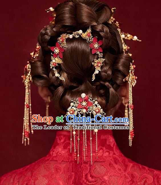 Traditional Chinese Ancient Bride Hair Accessories Xiuhe Suit Red Flowers Hairpins Complete Set for Women