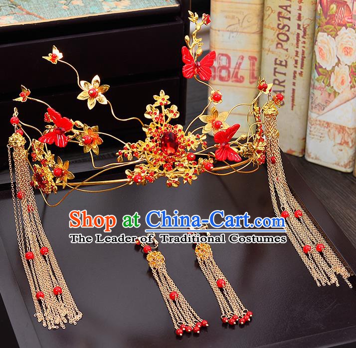 Traditional Chinese Ancient Bride Hair Accessories Xiuhe Suit Wedding Red Butterfly Phoenix Coronet Hairpins for Women