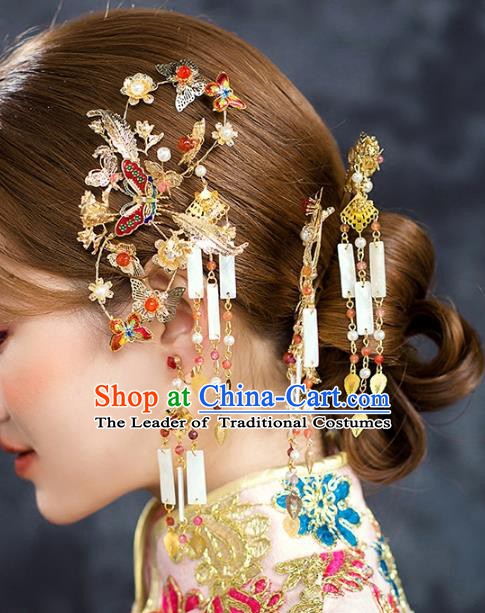 Traditional Chinese Ancient Bride Hair Accessories Xiuhe Suit Butterfly Hairpins Complete Set for Women