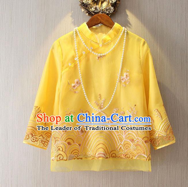 Chinese Traditional National Yellow Cheongsam Shirt Tangsuit Stand Collar Embroidered Blouse for Women