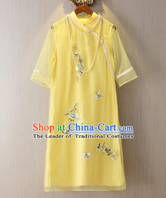 Chinese Traditional National Costume Yellow Cheongsam Tangsuit Embroidered Butterfly Short Dress for Women