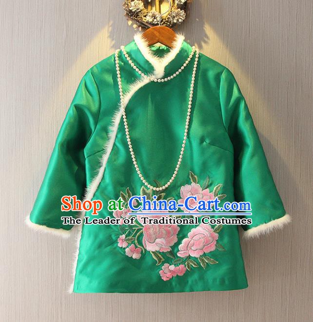 Chinese Traditional National Costume Cheongsam Blouse Tangsuit Embroidered Green Cotton-padded Jacket for Women