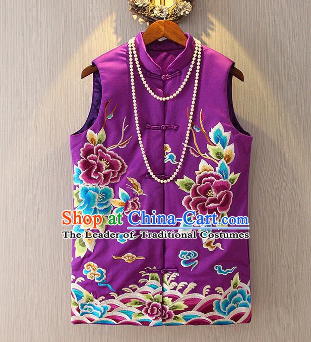 Chinese Traditional National Cheongsam Purple Vest Tangsuit Embroidered Peony Waistcoat for Women