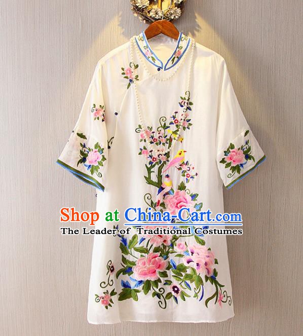 Chinese Traditional National Costume White Cheongsam Blouse Tangsuit Embroidered Peony Shirts for Women