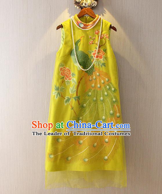 Chinese Traditional National Costume Tangsuit Yellow Cheongsam Dress for Women
