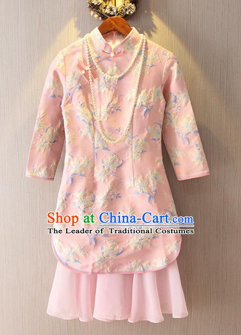 Chinese Traditional National Costume Stand Collar Pink Cheongsam Tangsuit Embroidered Qipao Dress for Women