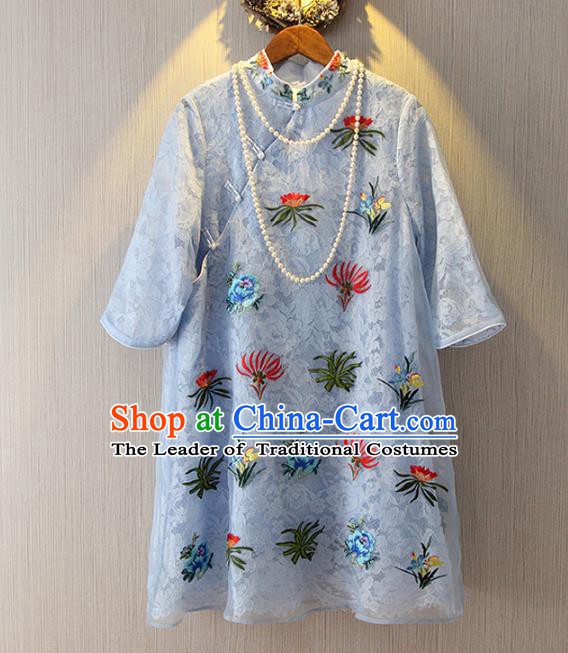 Chinese Traditional National Costume Embroidered Cheongsam Tangsuit Blue Lace Qipao Dress for Women