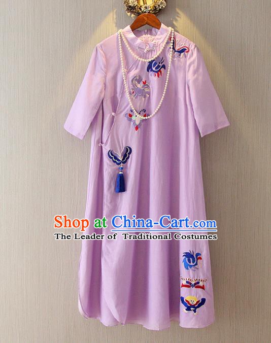 Chinese Traditional National Costume Purple Qipao Tangsuit Embroidered Butterfly Cheongsam Dress for Women