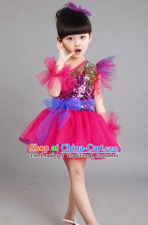 Chinese Classic Stage Performance Costume Children Modern Dance Princess Rosy Bubble Dress for Kids