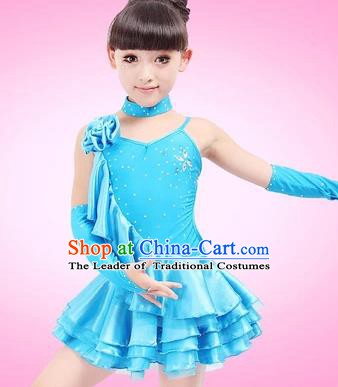 Top Grade Children Stage Performance Costume, Professional Latin Dance Blue Dress for Kids