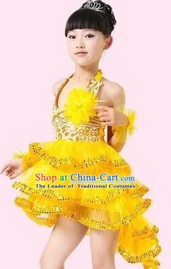Top Grade Stage Performance Latin Dance Costume, Professional Modern Dance Yellow Swallow-tailed Dress for Kids