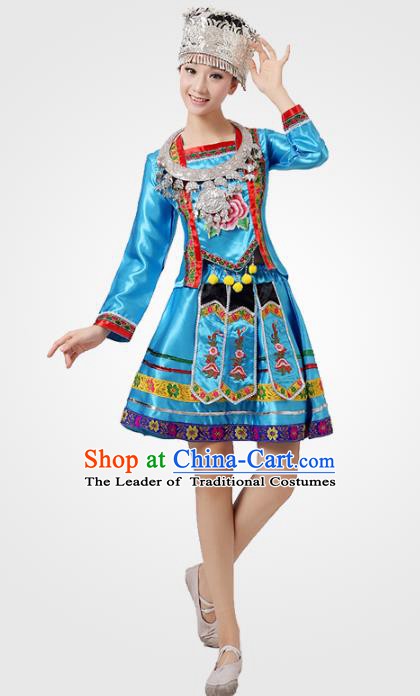 Traditional Chinese Ethnic Costume Chinese Miao Minority Nationality Dance Blue Dress for Women