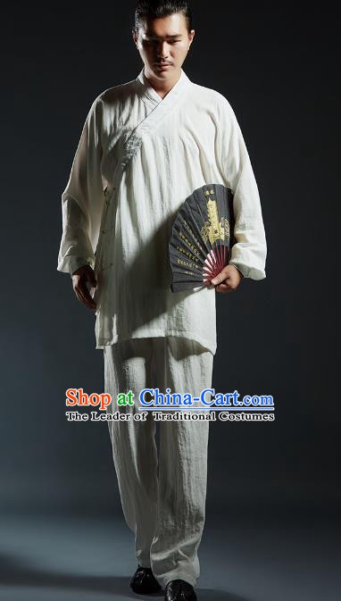 Top Grade White Linen Kung Fu Costume Martial Arts Training Gongfu Wushu Tang Suit Clothing for Men