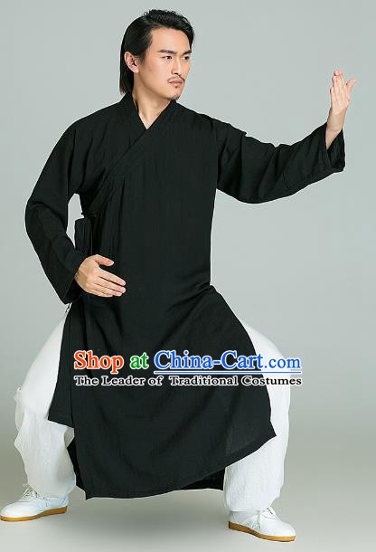 Top Grade Linen Kung Fu Costume Black Long Robe Martial Arts Training Gongfu Wushu Tang Suit Clothing for Men