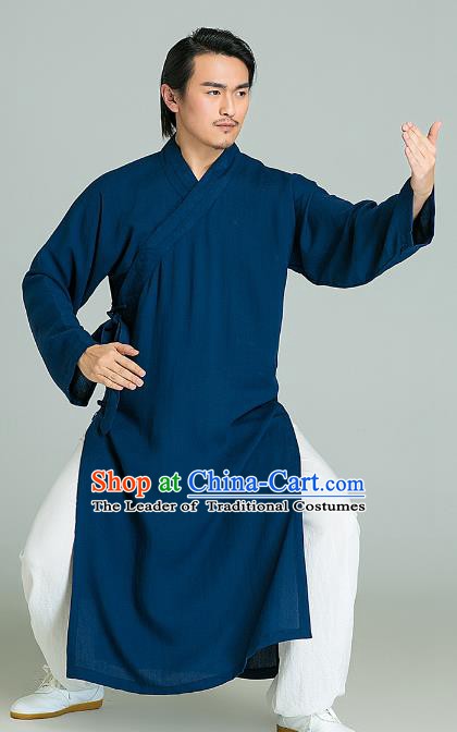 Top Grade Linen Kung Fu Costume Blue Long Robe Martial Arts Training Gongfu Wushu Tang Suit Clothing for Men