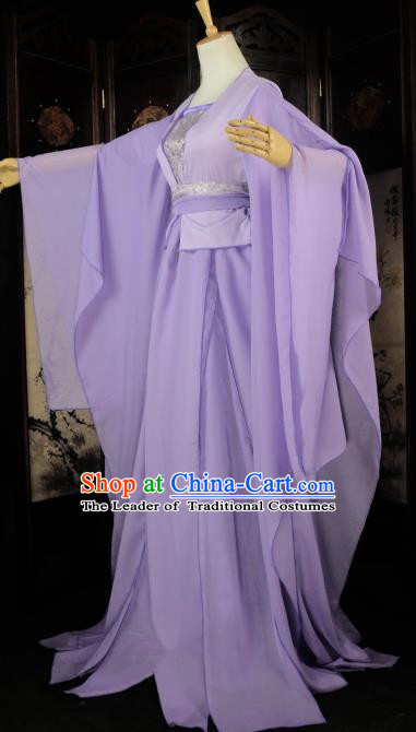 Chinese Ancient Fairy Young Lady Purple Costume Cosplay Female Swordsman Little Dragon Maiden Dress Hanfu Clothing for Women