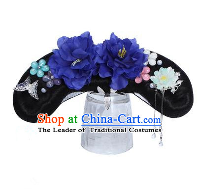 Chinese Ancient Manchu Princess Hair Accessories Wig and Royalblue Peony Hairpins Traditional Qing Dynasty Palace Lady Headwear for Kids