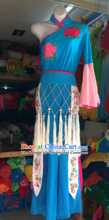 Traditional Chinese Classical Dance Dress Fan Dance Costume, Folk Dance Yangko Blue Uniform for Women