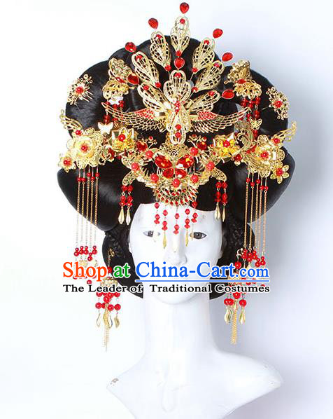 Chinese Ancient Hair Accessories Hanfu Imperial Consort Wig and Phoenix Coronet Hairpins Traditional Palace Lady Headwear for Women