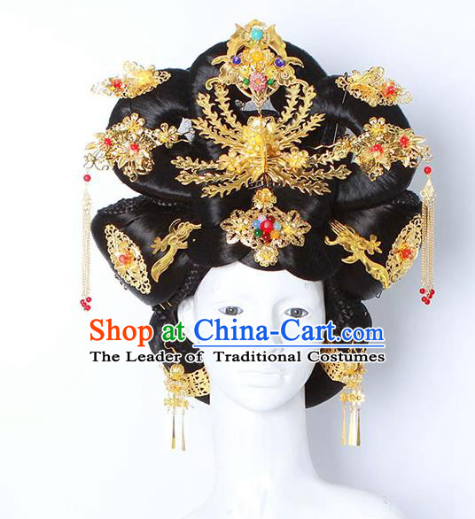 Chinese Ancient Hair Accessories Imperial Consort Wig and Phoenix Coronet Hairpins Traditional Palace Lady Headwear for Women