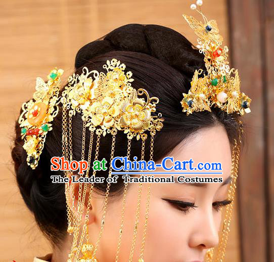 Chinese Ancient Hair Accessories Hanfu Golden Xiuhe Suit Hairpins Complete Set Traditional Palace Headwear for Women