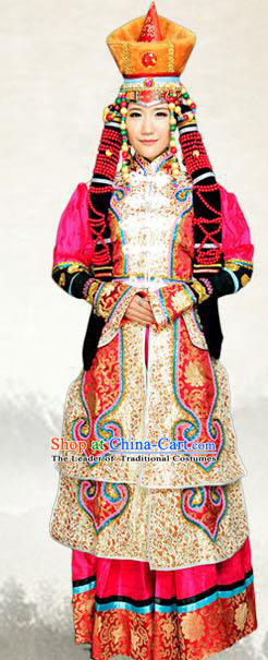 Traditional Chinese Mongol Nationality Dance Costume, China Mongolian Queen Ethnic Minority Embroidery Clothing and Headdress for Women