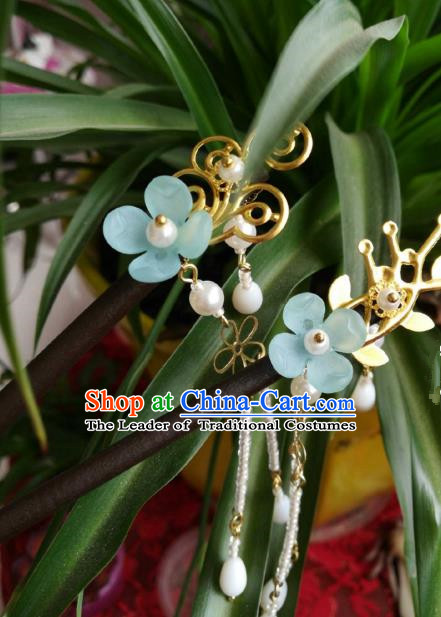 Chinese Traditional Ancient Hair Accessories Classical Blue Flower Hair Clip Hanfu Hairpins for Women