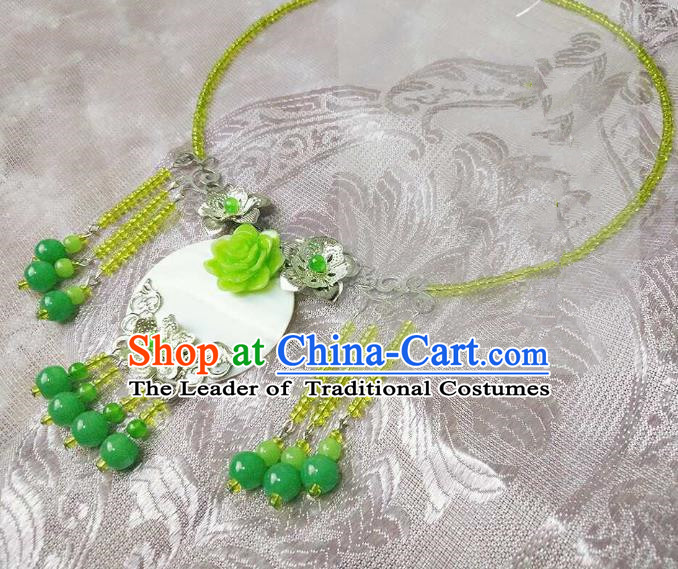 Chinese Traditional Ancient Accessories Classical Green Beads Tassel Necklace Hanfu Necklet for Women