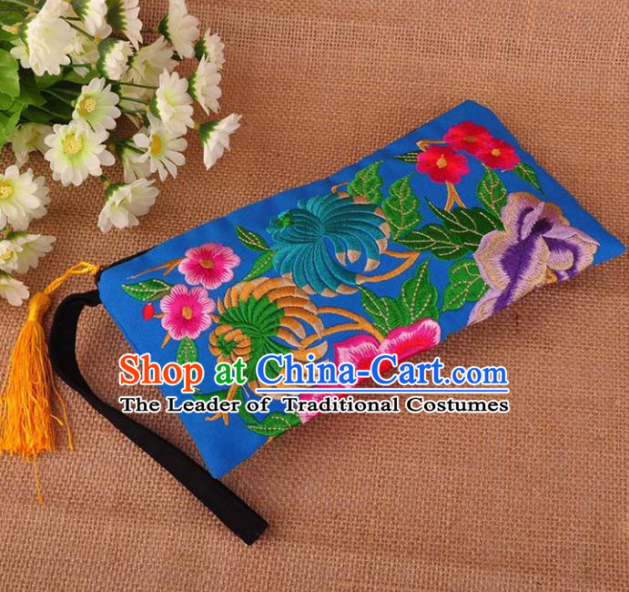 Chinese Traditional Embroidery Craft Embroidered Peony Blue Purse Handmade Handbag for Women