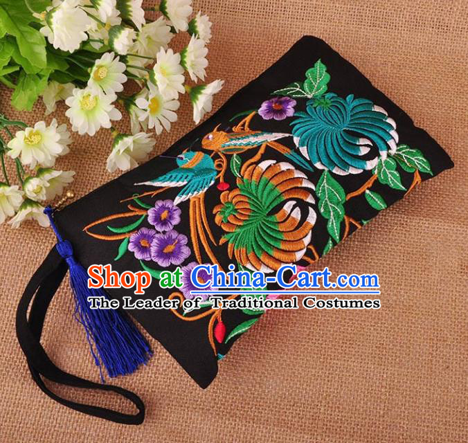 Chinese Traditional Embroidery Craft Embroidered Peony Black Purse Handmade Handbag for Women