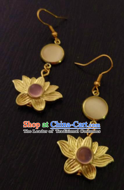 Chinese Traditional Ancient Accessories Classical Hanfu Brass Lotus Earrings for Women