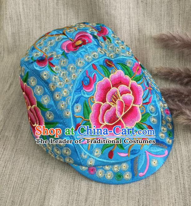 Chinese Traditional Embroidery Casquette Accessories Handmade Embroidered Peony Lake Blue Caps for Women