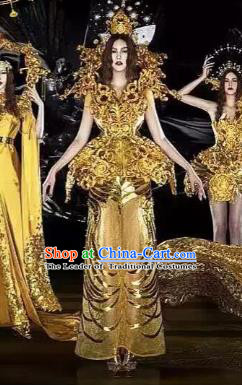 Top Grade Stage Performance Costumes Renaissance Catwalks Golden Full Dress Modern Fancywork Clothing for Women