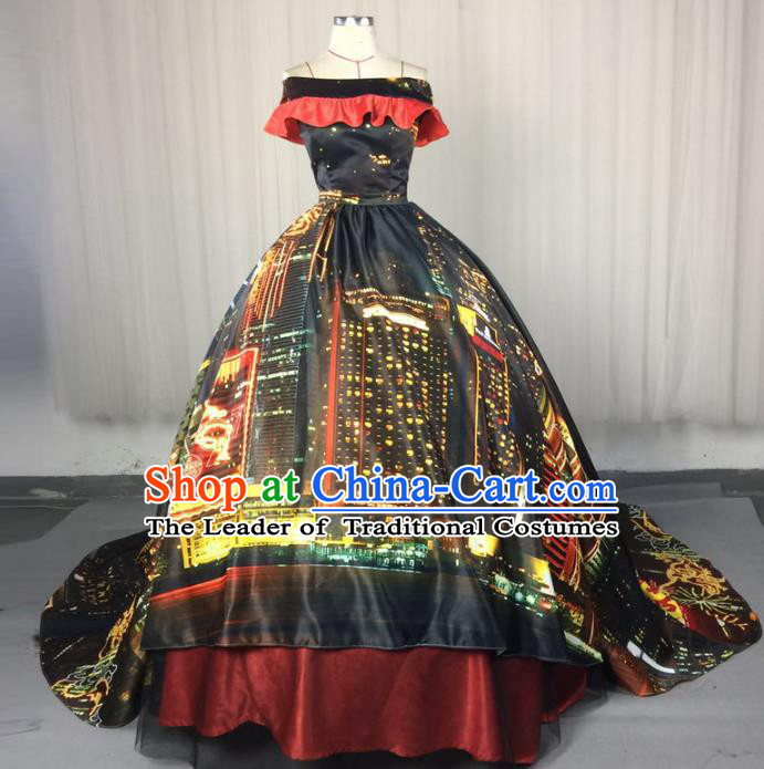 Top Grade Stage Performance Costumes Renaissance Catwalks Palace Black Trailing Full Dress Modern Fancywork Clothing for Women